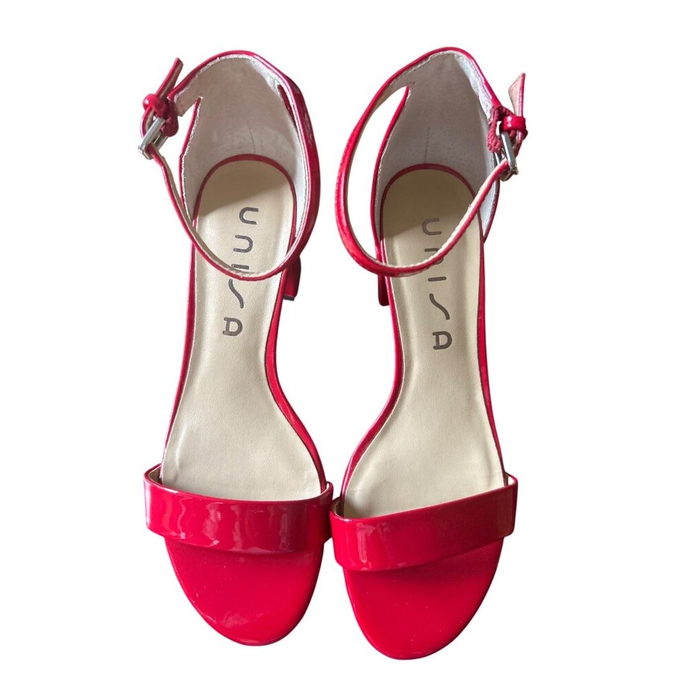 Unisa Red Patent Ankle Strap Block Heels Sandals Size 6.5M